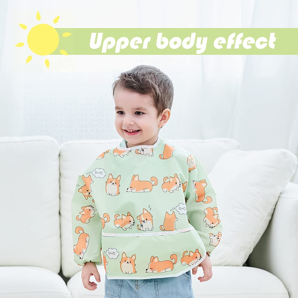 Little Dimsum Full Sleeved Feeding Bib 2 Pack,Baby & Toddler Waterproof Bib Apron,Food Protection Large Pocket Eating Smock 6-48 Months (Little Puppy/Little Cat) - Image 5
